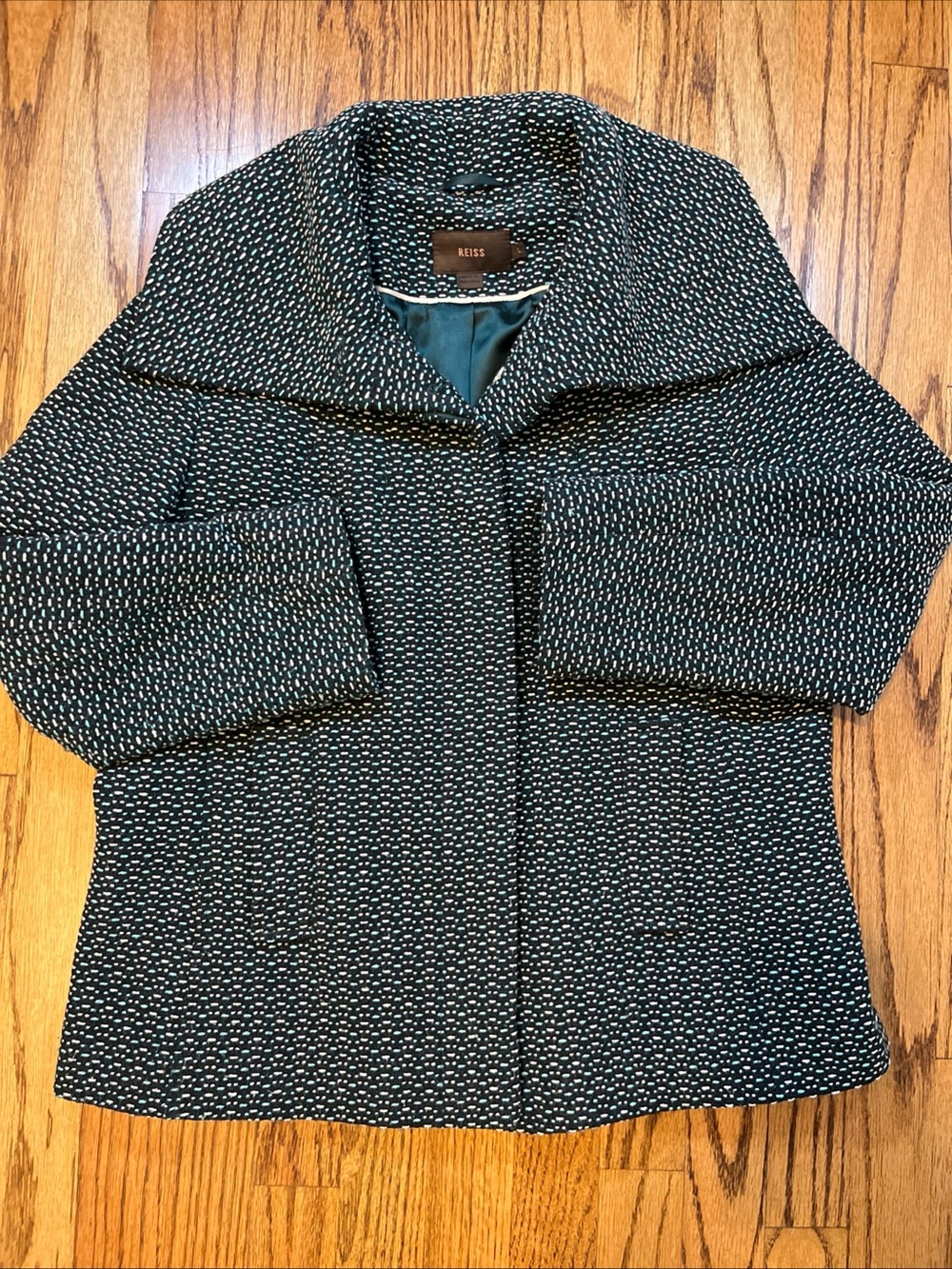 Reiss Black and White Tweed Pea Coat with Wide Collar size L wool blend jacket